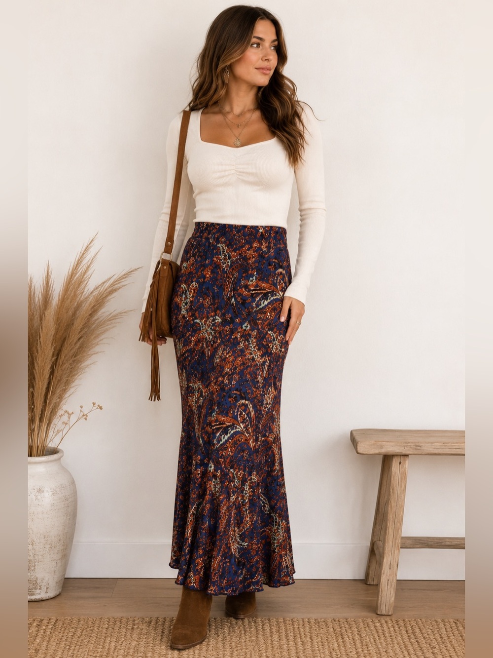 Free People Paisley Maxi Skirt Small Blue Rust Boho Fall